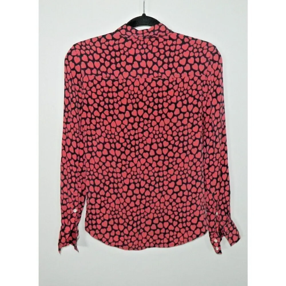 J. Crew Blouse Size 0 Silk Black Pink Button Front Pink Heart Print - Picture 4 of 9